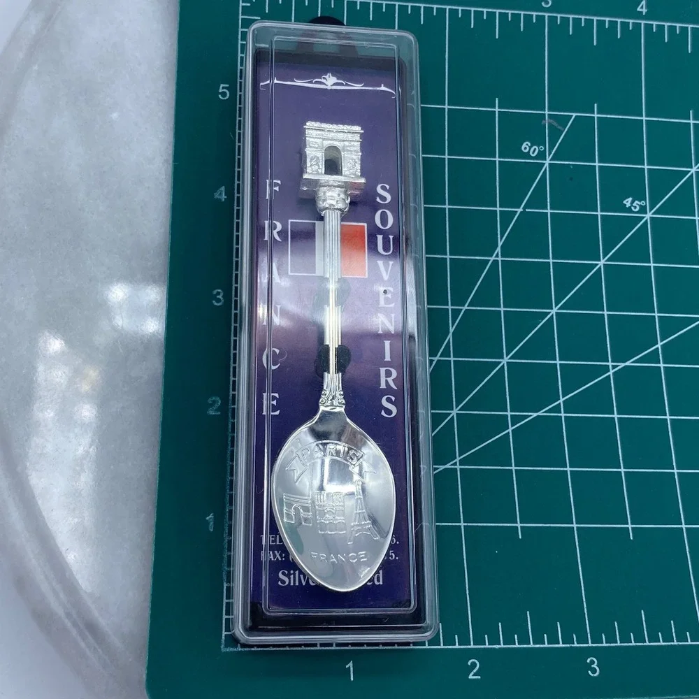 Paris France Souvenir Spoon Silver Plated Arc de Triomphe Eiffel w/Case Travel